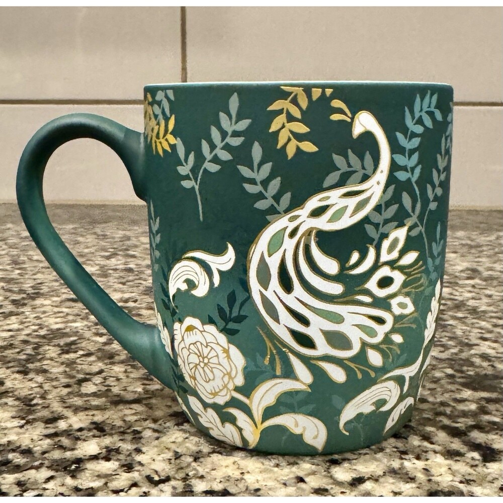 Luna & Sage Peacock Mug Teal Gold Floral Ceramic Coffee Cup 4” Tall Boho Gift